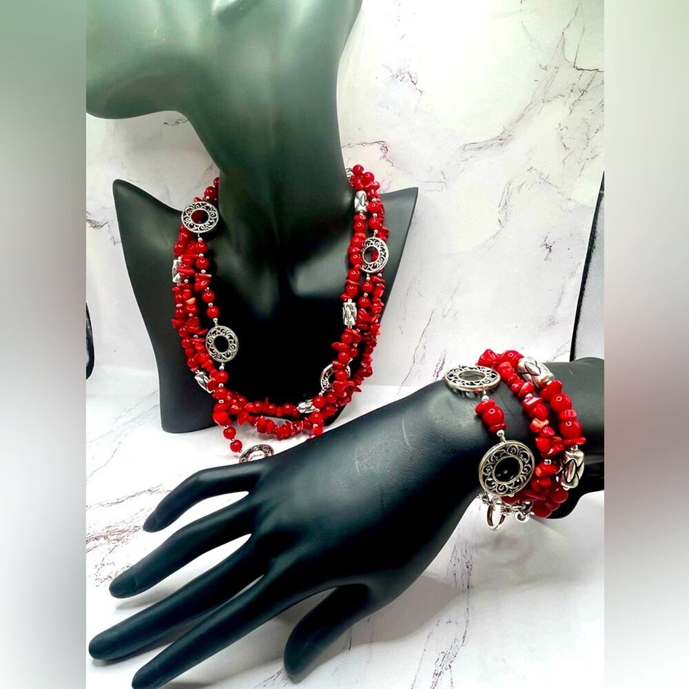 Vintage Premier Designs red coral and silver tone bracelet and necklace set